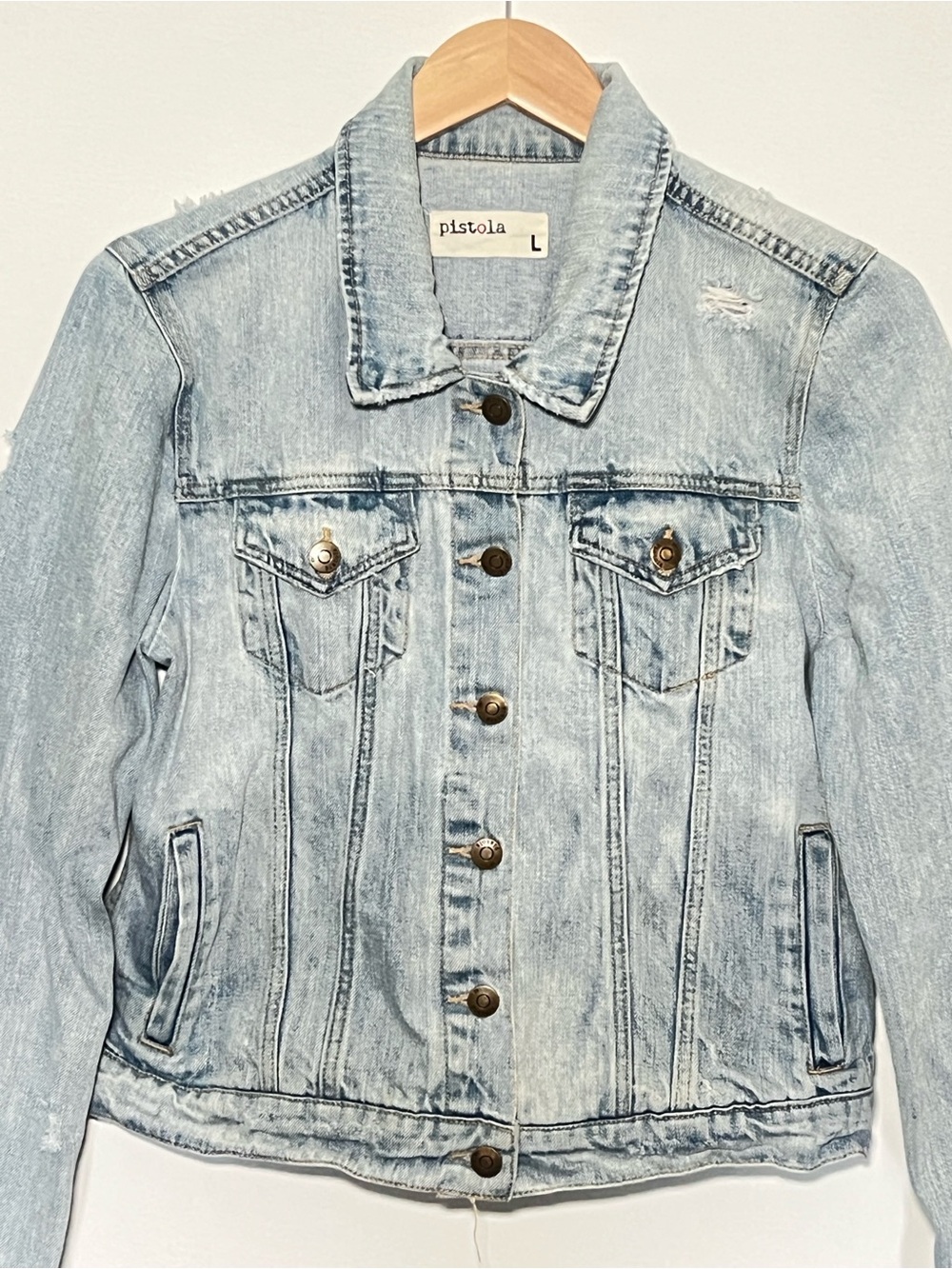 Pistola Distressed Light-Wash Denim Jacket Size Large
